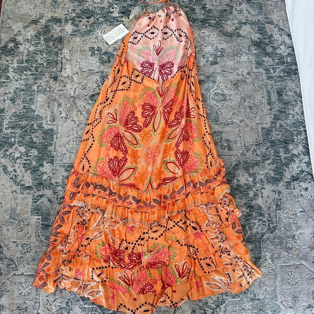 Sundress Maxi Dress M/L Floral Halter Tiered‎ Flounce Boho Resort Vacation Luxe - Picture 9 of 14